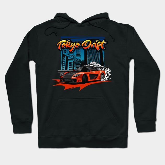 Tokyo Drift RX7 Illustration (Orange) Hoodie by Jiooji Project